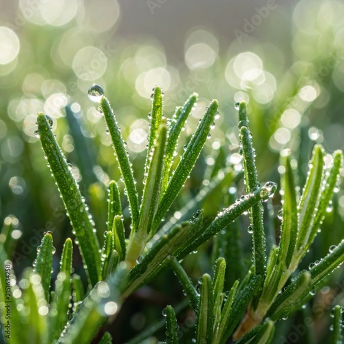 Close up of green rosemary needles with water droplets.