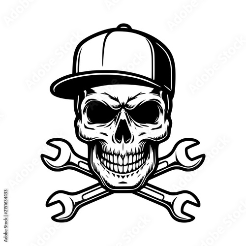 Skull wearing a baseball cap with crossed wrenches.