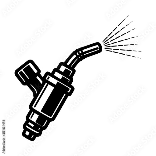 Black and white illustration of a fuel injector spraying fuel.