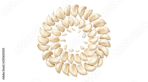 Arrangement of peeled garlic cloves forming a circular pattern on a white background transparent background