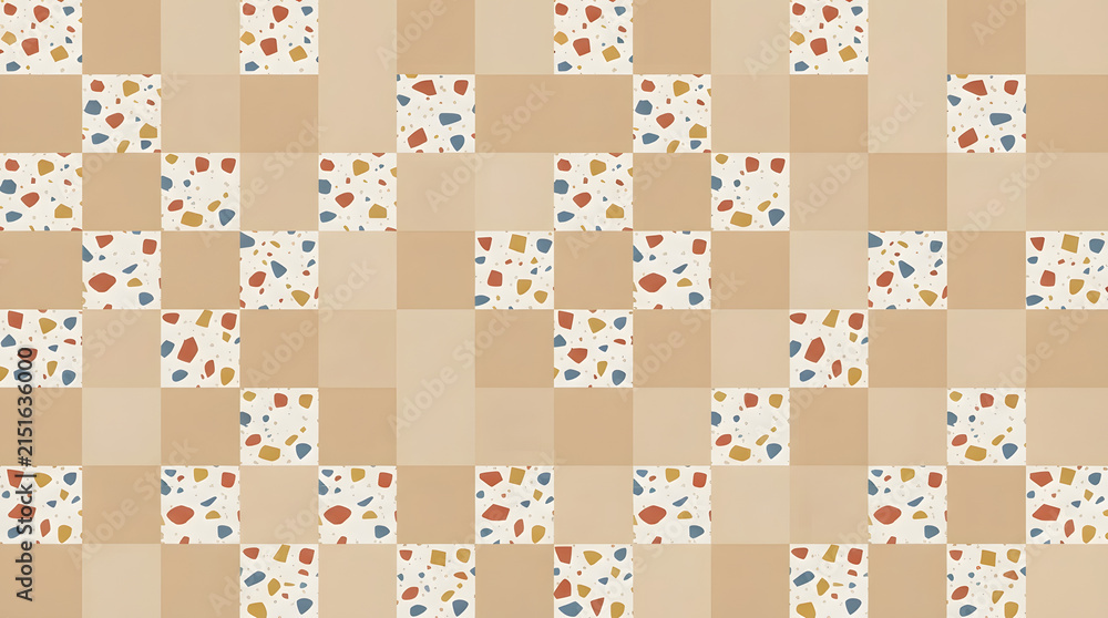 Seamless Mid-Century Modern Terrazzo Grid Pattern Vector with Geometric Blocks in Terracotta Mustard and Slate Blue
