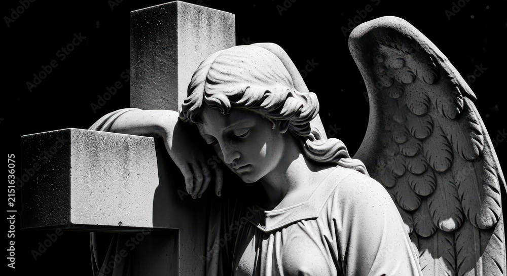 Fototapeta premium Dramatic Black and White Statue of a Mourning Angel Leaning on a Cross in a Cemetery, Symbol of Grief and Faith