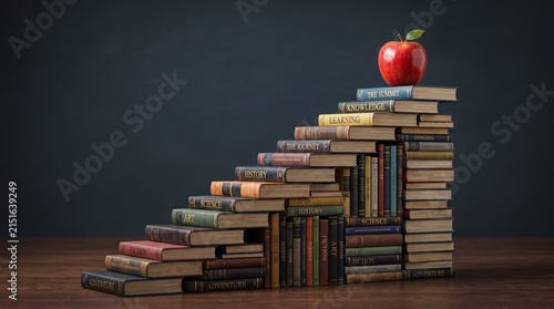​A staircase made of stacked books featuring topics like Art, Science, and History, leading to a fresh red apple at the top, symbolizing the journey of learning and achievement.