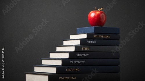 A stack of books arranged like steps leading to a red apple, with words on the spines representing stages of personal growth and education toward achievement.