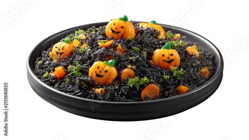 Black rice halloween dish with carved pumpkin faces
