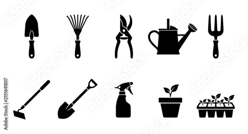 A collection of black silhouette agricultural tools for gardening and farming activities