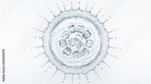 Top view of clear ice cubes floating inside a large circular water splash crown on a white background, high-speed photography capturing fluid movement and refreshing cold temperature.