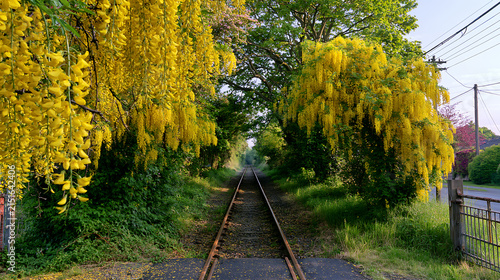 Yellow laburnum trees in full bloom along a rural railway track