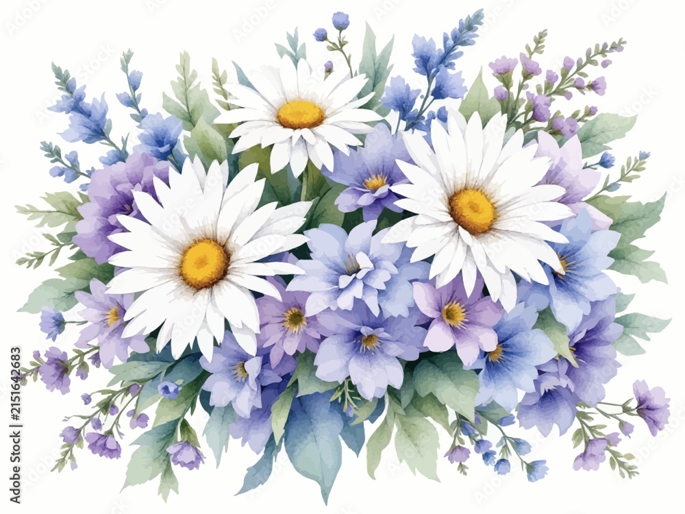 Fototapeta premium Watercolor bouquet of white daisies and purple wildflowers on a white background for design