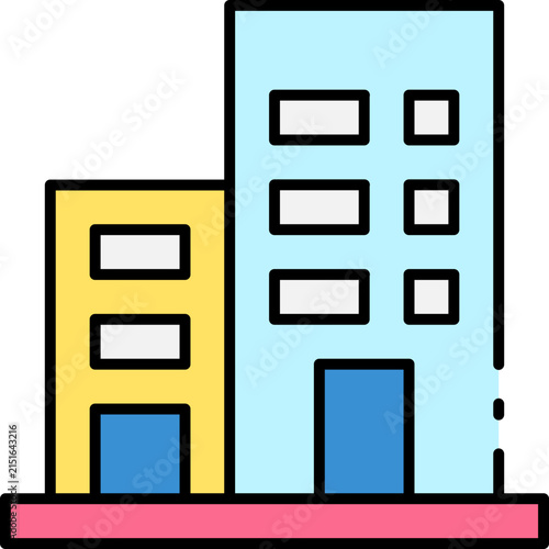 Colorful Stylized Urban Building Icon with Office and Apartment Structures for City Planning Concept