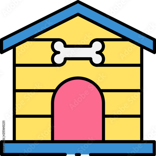 Minimalist colorful doghouse icon with bone decoration and pink entrance isolated on white background