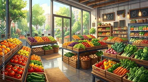illustration of a bustling fresh produce market displayed