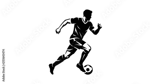 Soccer player silhouette running fast with a ball in high contrast black and white graphic style