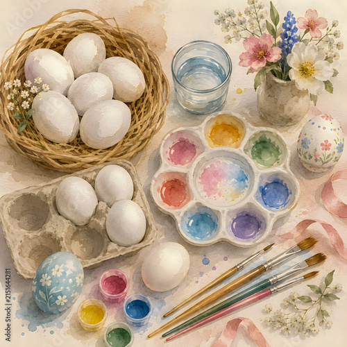 Easter eggs in a nest with painting supplies and flowers on a table  