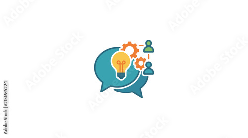 Colorful light bulb idea with chat bubbles and people icons.