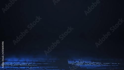 Abstract Blue Light Streaks on Dark Reflective Surface.