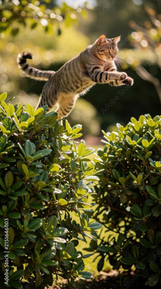 Fototapeta premium A tabby cat leaps gracefully over green bushes in a sunlit garden, captured mid-air with sharp focus and blurred natural background.