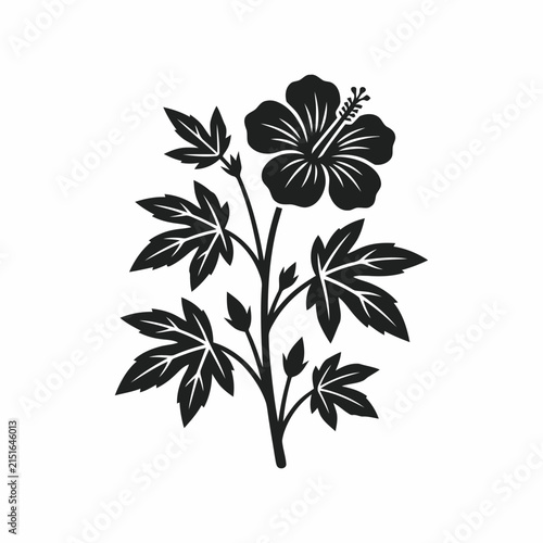 Elegant Black Silhouette Hibiscus Flower and Leaves on White Background