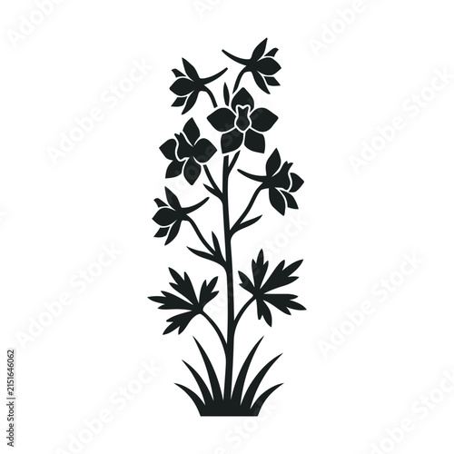 Black silhouette of a delphinium flower with leaves and grass on a white background.