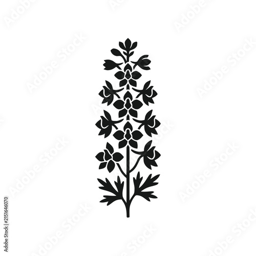 Black Silhouette of a Delphinium Flower with Leaves on a White Background