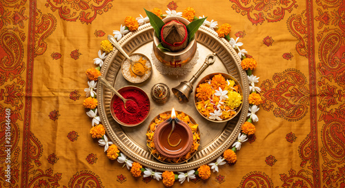Traditional Hindu puja thali with diya flowers kumkum turmeric and kalash arranged for Diwali worship and festive celebration