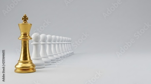 Executive leadership and standout management concept with a single gold chess king leading a row of white pawns