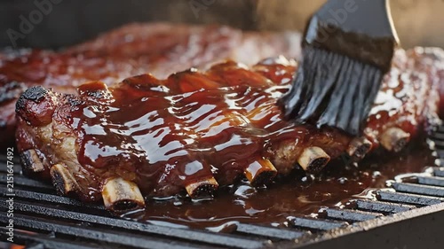 Close-Up View Of Barbecue Ribs Being Brushed With Sauce On Grill, Showcasing Delicious Grilling Techniques In Outdoor Setting