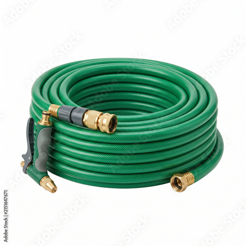 Green garden hosepipe coiled with connectors and spray nozzle isolated on white background  