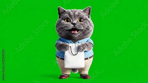 Cute Cartoon Cat Character Holding Shopping Bag Isolated on Vibrant Green Screen Background for Animation and Marketing