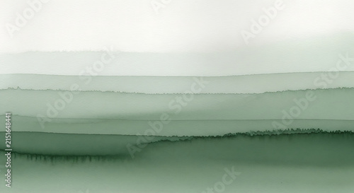 Abstract watercolor green landscape with minimalist layers of misty hills creating a serene and organic nature background