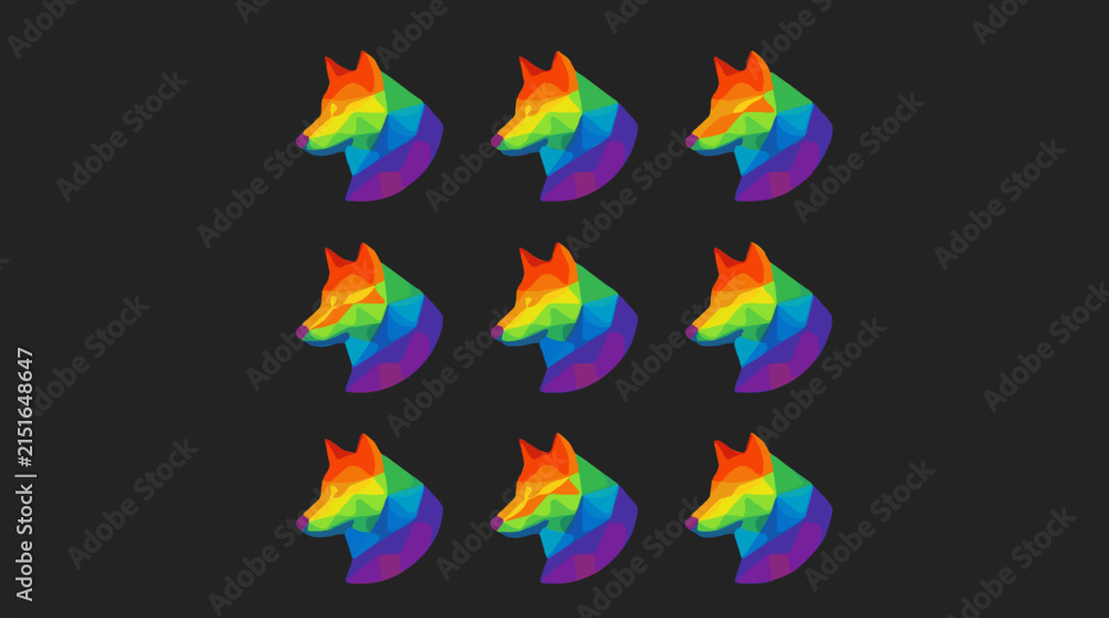 Fototapeta premium Geometric Wolf Head Icon Sheet with Rainbow Color Gradient, Flat Design Low Poly Illustration on Dark Background, Set of 9 Repeating Icons