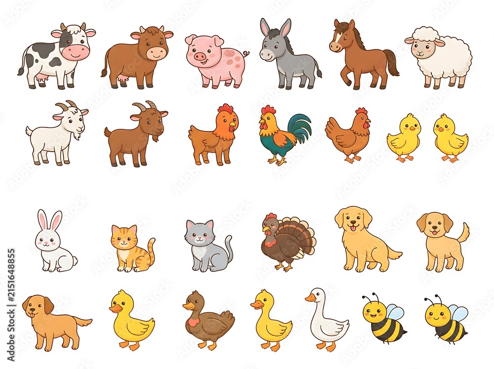 Fototapeta premium A delightful collection of cute farm animals and beloved pets depicted in a charming cartoon style, perfect for children's educational materials and playful designs