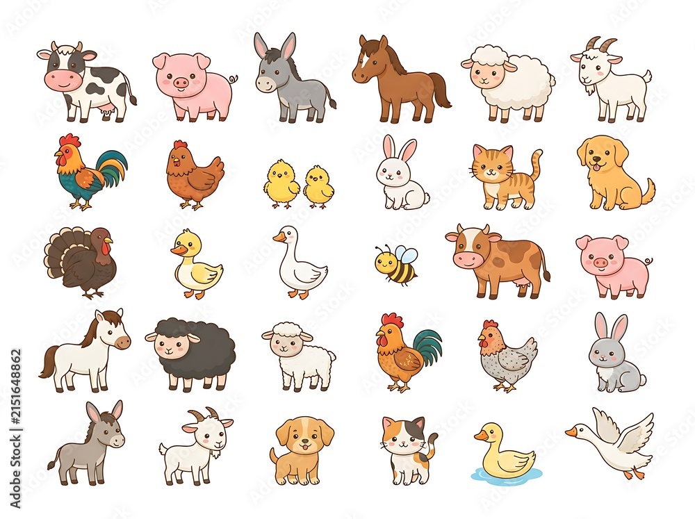 Obraz premium Charming Collection of Adorable Cartoon Farm Animals, Featuring Diverse Livestock and Poultry, Perfect for Children's Designs and Educational Resources