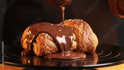 Delicious Croissant Drizzled with Rich Chocolate Sauce on Elegant Black Platter