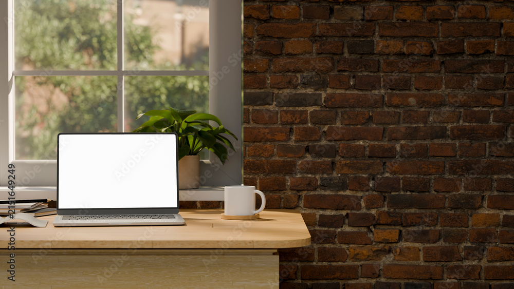 Fototapeta premium 3D Illustration of Modern Home Office Desk with Laptop Blank Screen, Coffee Mug, and Brick Wall Background