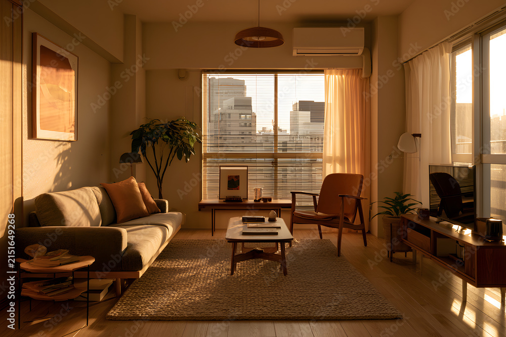 Fototapeta premium Stylish Tokyo Apartment Interior with Local Design Elements Bathed in Warm Natural Light