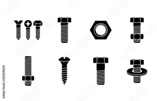 Set of 8 Black and White Vector Icons: Bolts, Screws, Nuts, and Washers for Industrial and Construction Concepts