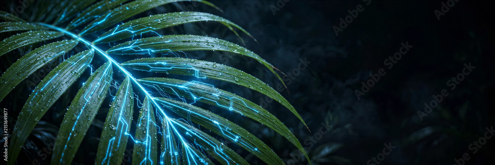 Fototapeta premium Vibrant glowing tropical palm leaf texture with neon blue veins on dark atmospheric background photo