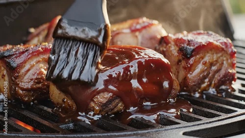 Succulent Grilled Meat Brushed With BBQ Sauce Close-Up Highlighting Flavor And Texture On The Grill For Culinary Promotions