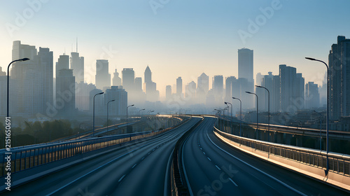 Scenic Drive Along Elevated Highway Toward Urban Outskirts at Sunrise with Soft Fog and City Skyline
