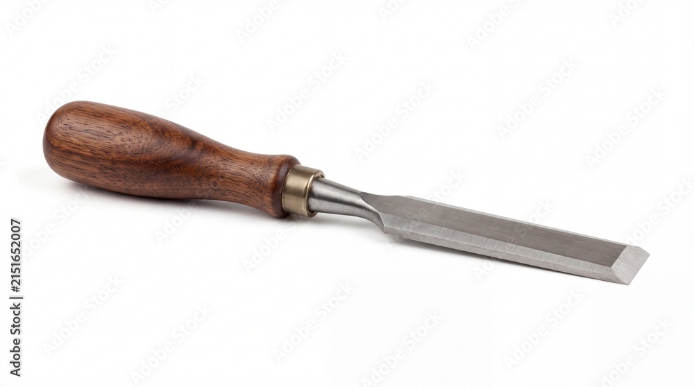 Fototapeta premium Sharp metal wood chisel with polished dark walnut handle resting horizontally for professional carpentry work presented on white background