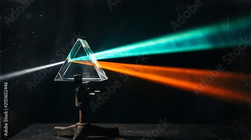 A glass triangular prism dispersing a beam of white light into distinct cyan and orange light rays against a dark background