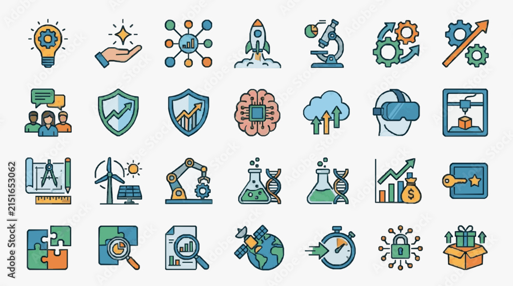 Fototapeta premium Sleek Colorful Flat Icons Set Featuring Innovation Technology Science Business and Industry Concepts in Modern Style