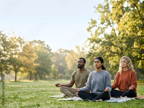 Diverse group of multiethnic friends sitting in lotus position meditating on grass in sunlit park. Man and two women practicing mindfulness and mental wellness outdoors.