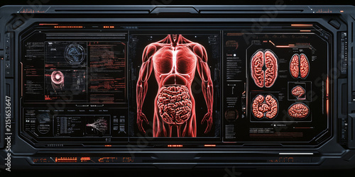Futuristic medical display interface with human anatomy, brain scans, and data charts in a sci-fi laboratory