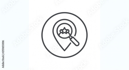 A minimalist line icon depicting a location pin and magnifying glass with a star.