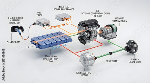 Exploded electric vehicle powertrain diagram showing battery pack, electric motor, inverter, charging system and connected components