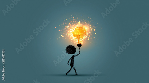 A stick figure holds a glowing, sparkling light bulb symbolizing creativity and bright ideas against a dark background.
