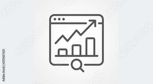 Minimalist icon of a web browser window showing a rising bar chart and upward arrow graph.