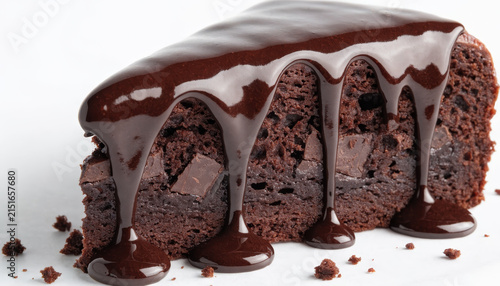 Chocolate cake dessert sweet rich moist slice close up chocolate chunk decadent indulgent dripping glaze bakery homemade delicious treat snack cocoa gourmet baked pastry brown food sugar